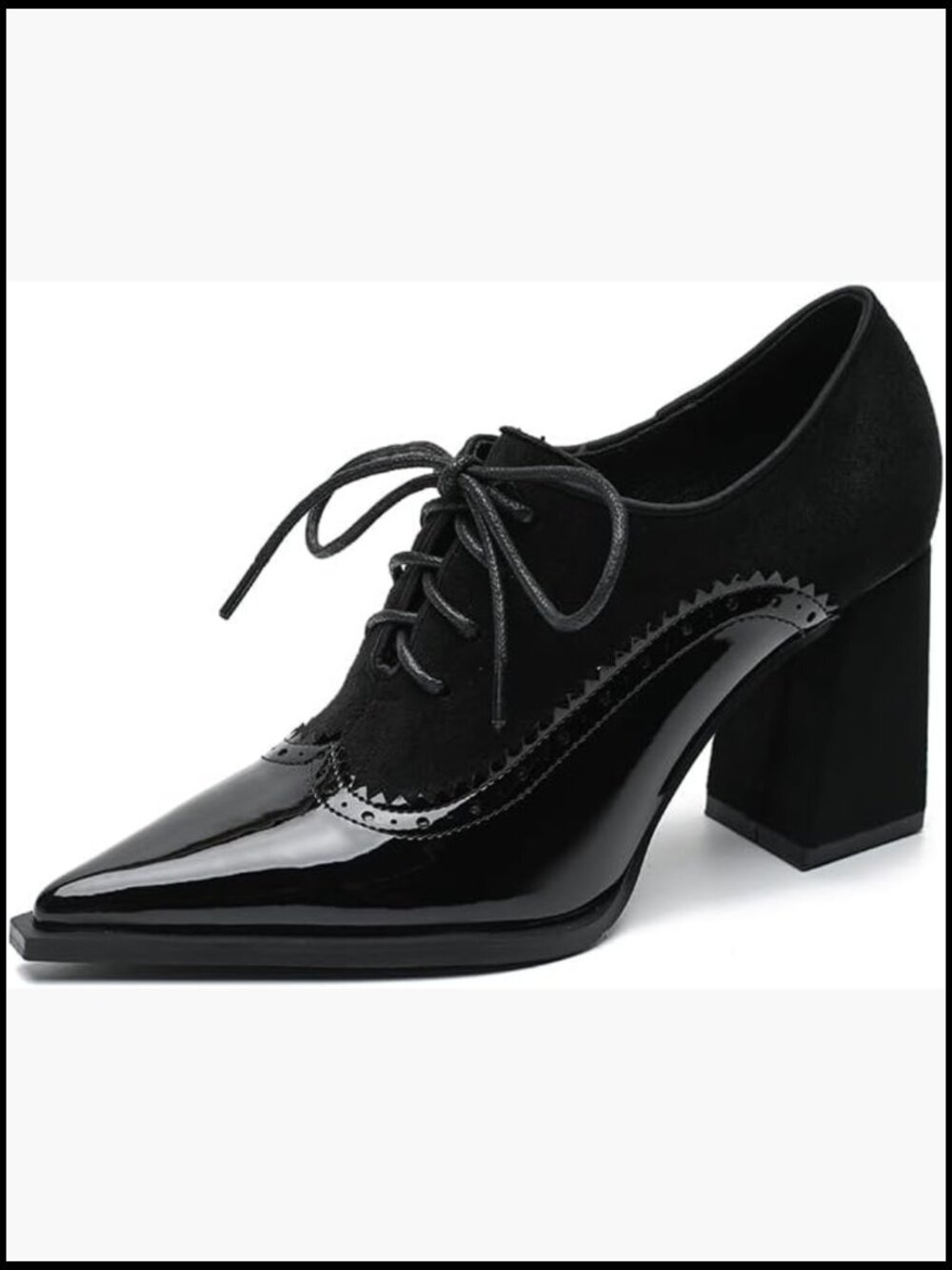 Chunky Heel Pumps Pointed Toe Brogue Lace Up High Heels Dress Shoes for Work